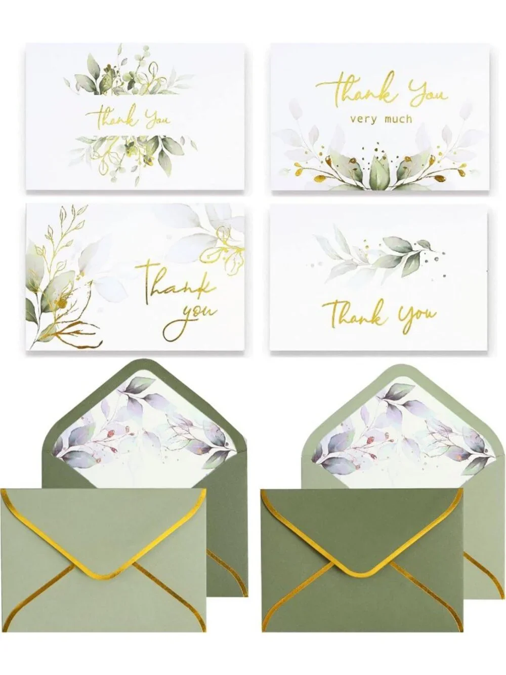 Luxurious Gold Thank You Cards - 100 Pack with Envelopes, Sage Green, Wedding
